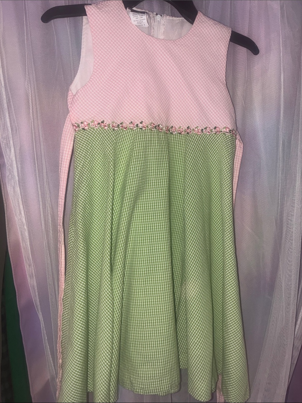 Pink & Green Girls' Sleeveless Dress with Floral Trim